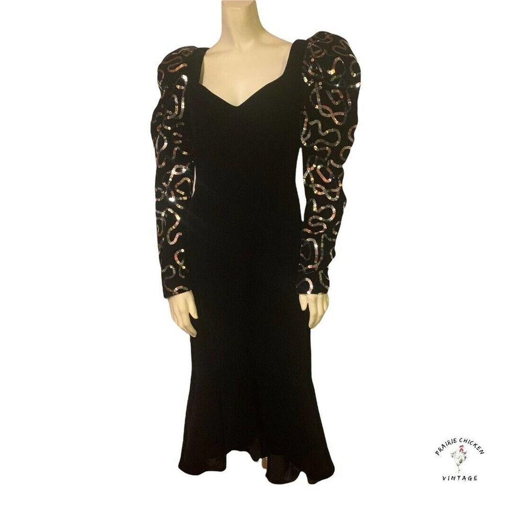 Vintage 1980s Black Velvet Mermaid Dress Sequined Sleeves sz 7/8